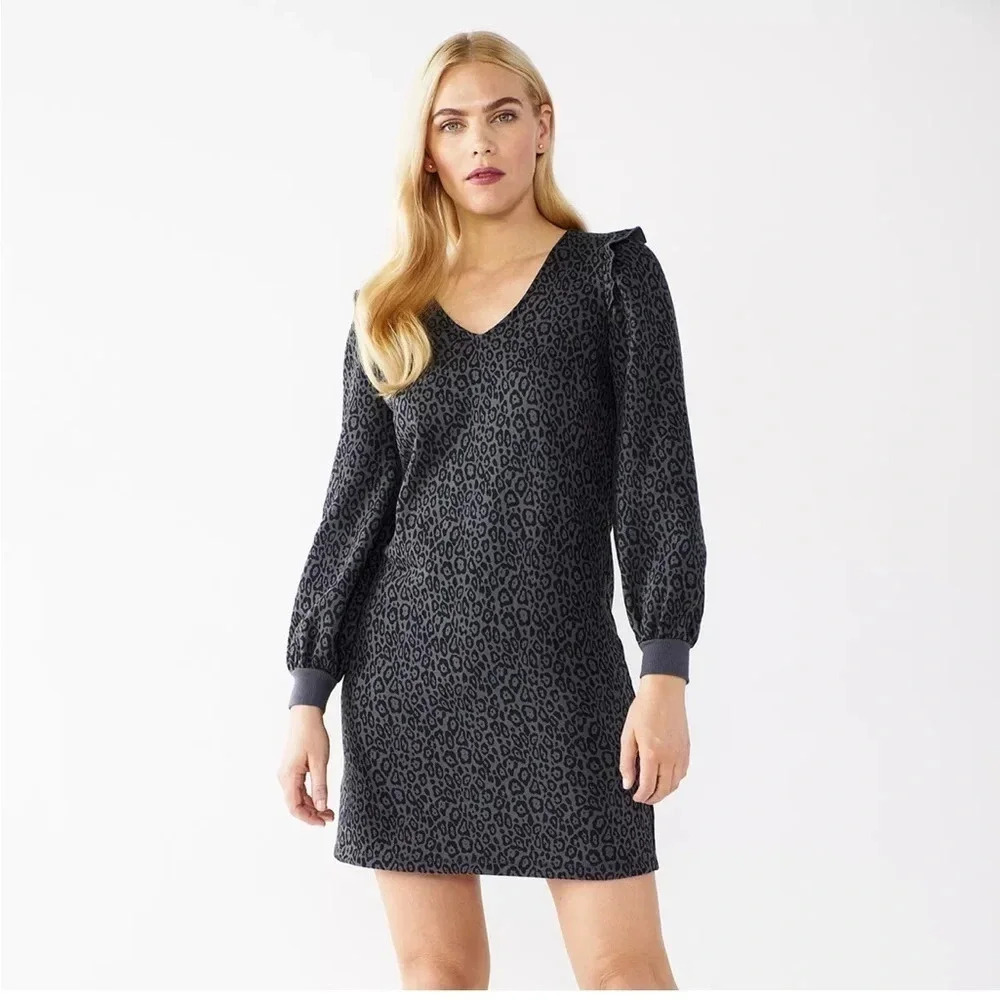 Nine West Fleece Lined Black/Gray Animal Print Sweatshirt Dress Size XL